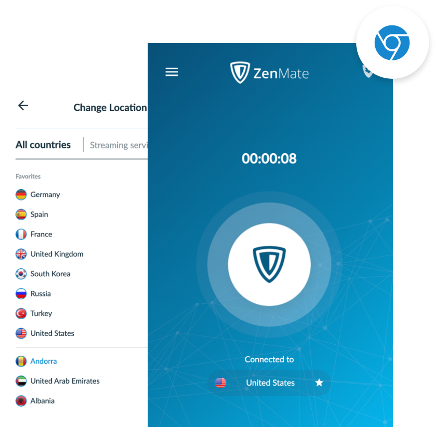 ZenMate VPN for Chrome activated in the Chrome browser